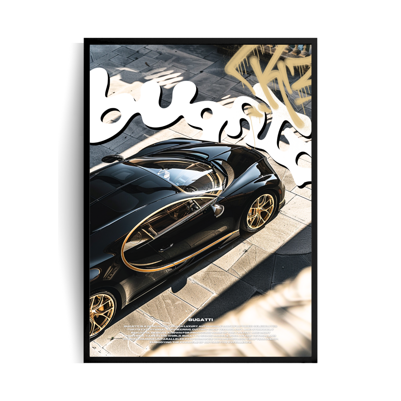 Obraz z czarnym samochodem Bugatti Chiron od góry z elementami graffiti i napisem Bugatti w tle