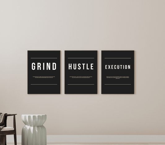 Grind, hustle, execution | Zestaw 3 plakatów w ramkach