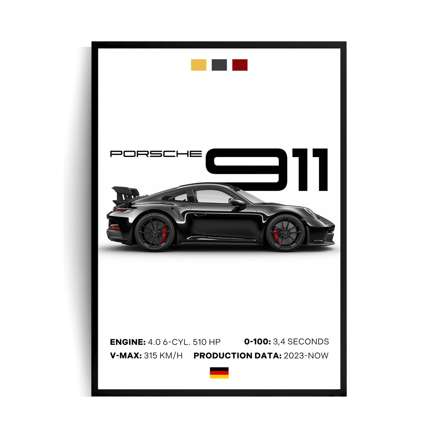 Plakat w ramie z sylwetką samochodu porsche 911 na środku, w tle napis 911, na dole napisy opisujące specyfikacje samochodu takie jak silnik i prędkość maksymalna