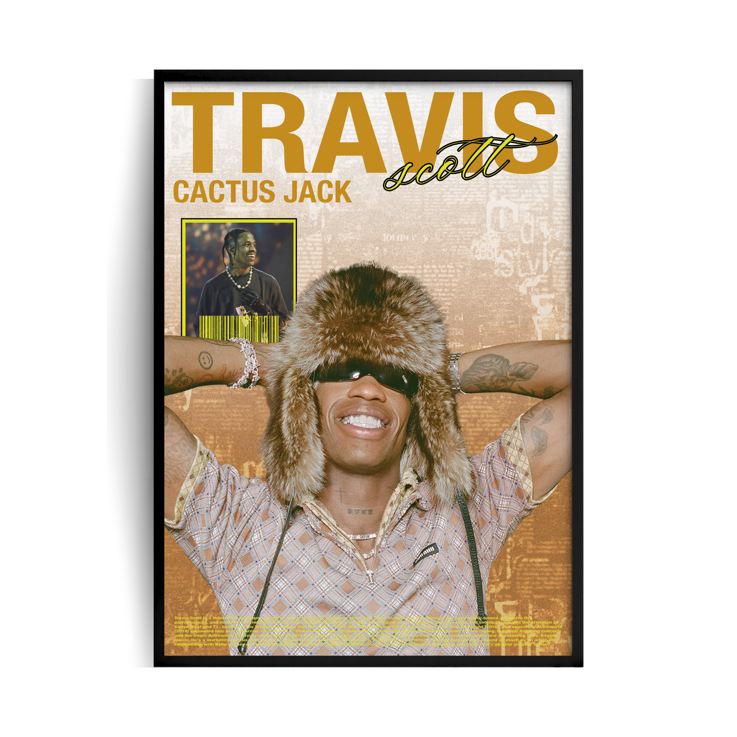 Plakat z travisem scottem w czarnej ramie 