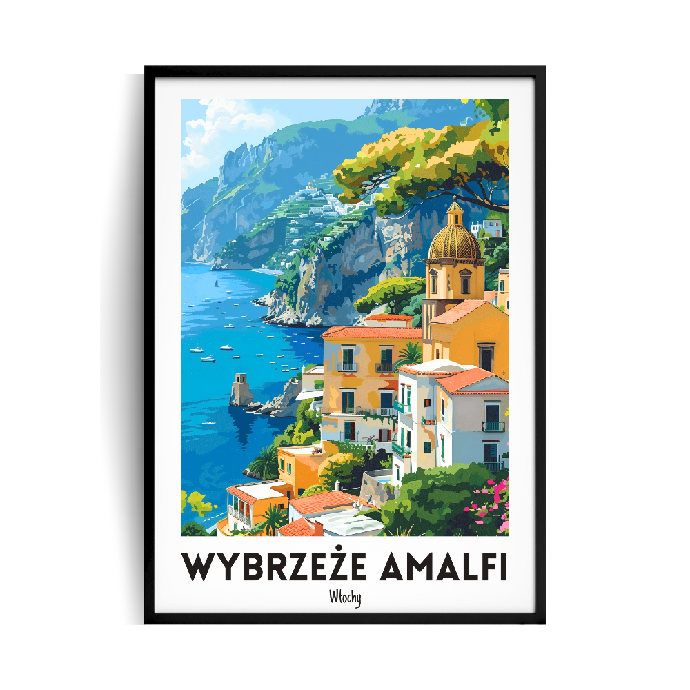 Plakat w czarnej ramie ze zdjęciem wybrzeża amalfi w pastelowych, żywych kolorach. Pod zdjęciem napis ,,wybrzeże amalfi,,