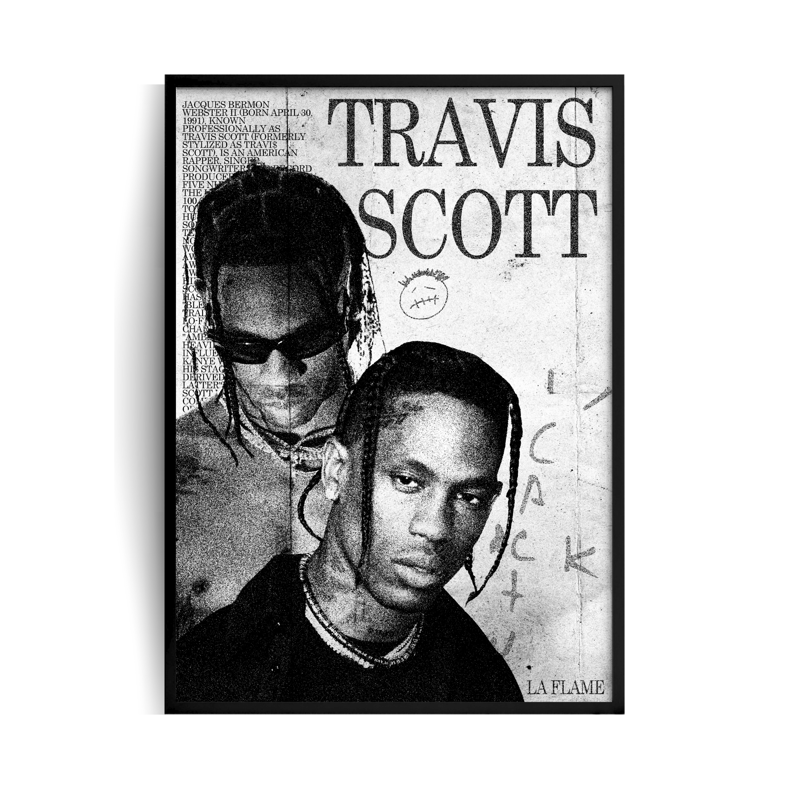 plakat w czarnej ramie z dwoma zdjęciami rapera travisa Scotta i napisem eavis Scott
